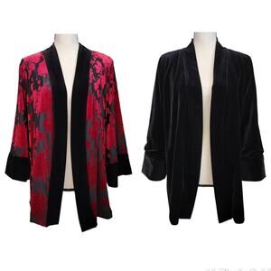 Chicos Travelers Velvet Jacket Womens Sz L Red Black Floral Reversible Kimono